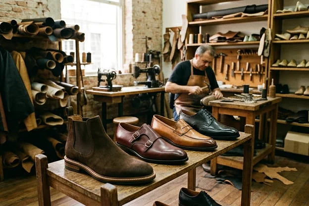 Sapatos modernos em exposição em um sapateiro em Belo Horizonte.